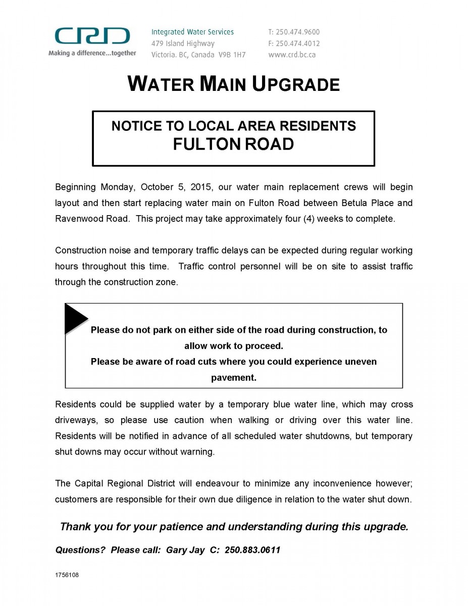 CRD Notice Water Construction Notice for Colwood Residents Fulton
