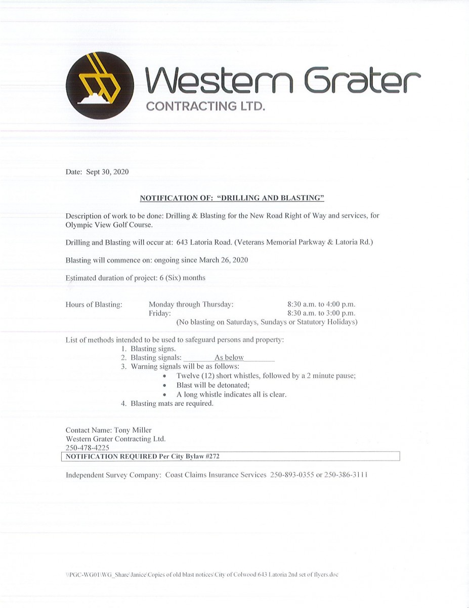image of blasting notice from Western Grater re: Olympic View sep 2020 page 1