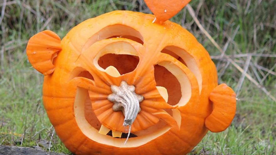 Carved pumpkin that looks like a smiling face. The pumpkin is bright orange.
