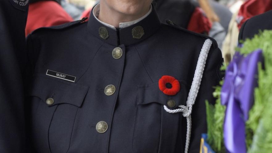 Woman soldier dressed in ceremonial armed forces uniform.