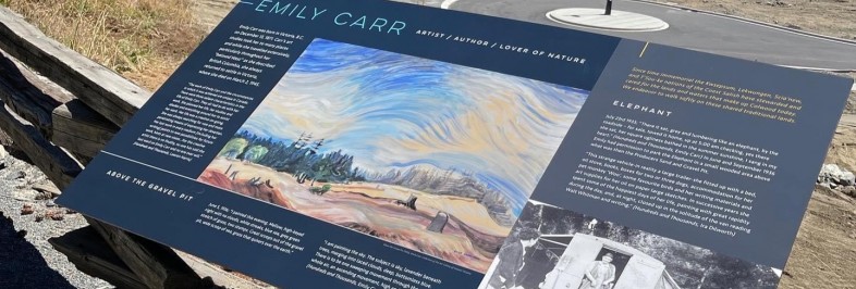 emily carr sign on trail overlooking development