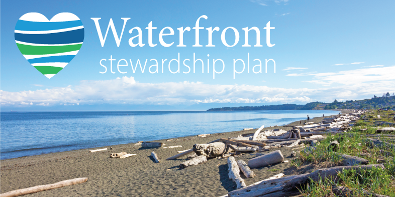 image of the ocean shoreline in colwood with the words waterfront stewardship plan