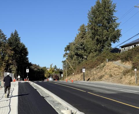 man walking on sidewalk by newly paved road