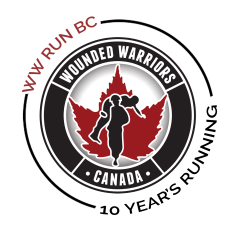 Wounded Warriors Canada logo featuring a red maple leaf and a silhouette of a soldier carrying another, with text "WW RUN BC 10 Year's Running."