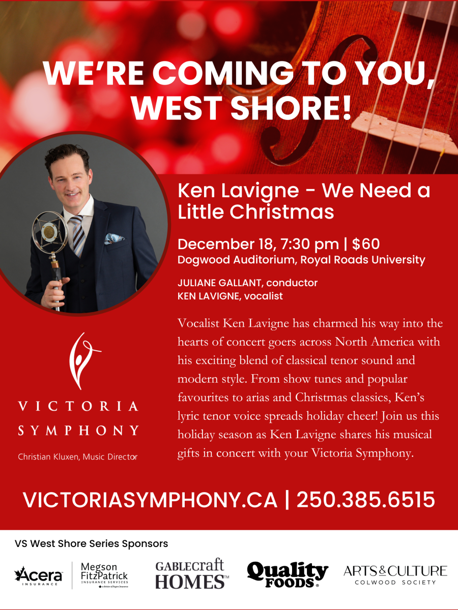 Promotional poster for "Ken Lavigne - We Need a Little Christmas" concert featuring a photo of Ken Lavigne holding a vintage microphone, details of the event, and logos of sponsors.