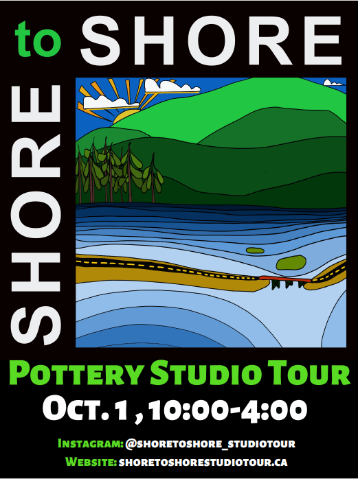 Shore to Shore Pottery Studio Tour poster for October 1st from 10:00 a.m. to 4:00 p.m., featuring a colourful illustration of a coastal landscape with hills, trees, and water.