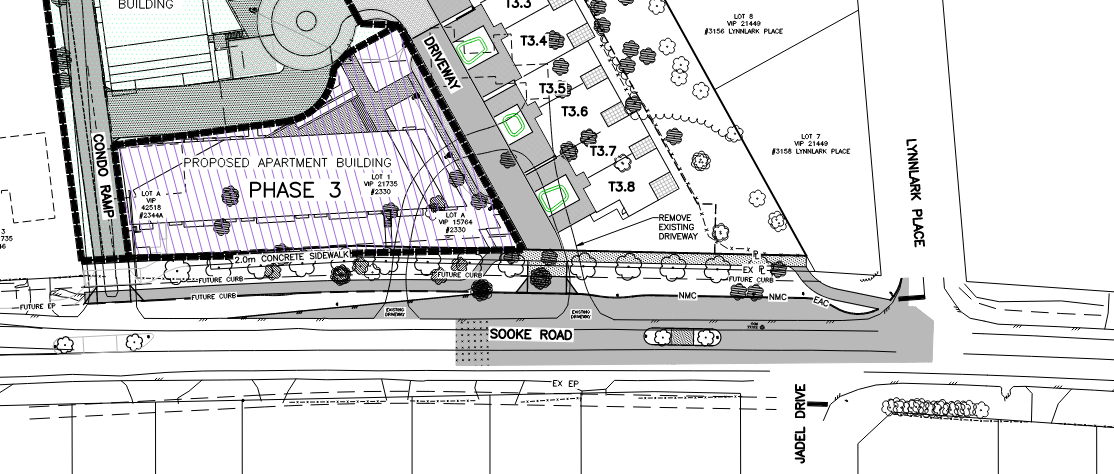 Detailed architectural site plan showing the proposed apartment building for Phase 3, including adjacent driveways, sidewalks, and future curbs along Sooke Road.