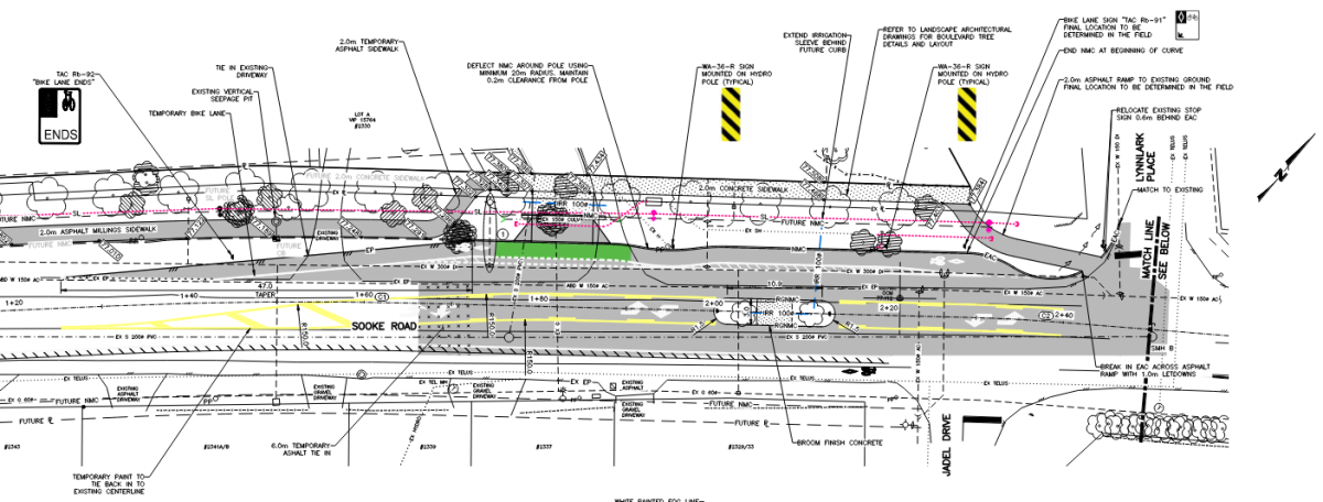 Detailed architectural site plan showing the proposed apartment building for Phase 3, including adjacent driveways, sidewalks, and future curbs along Sooke Road.