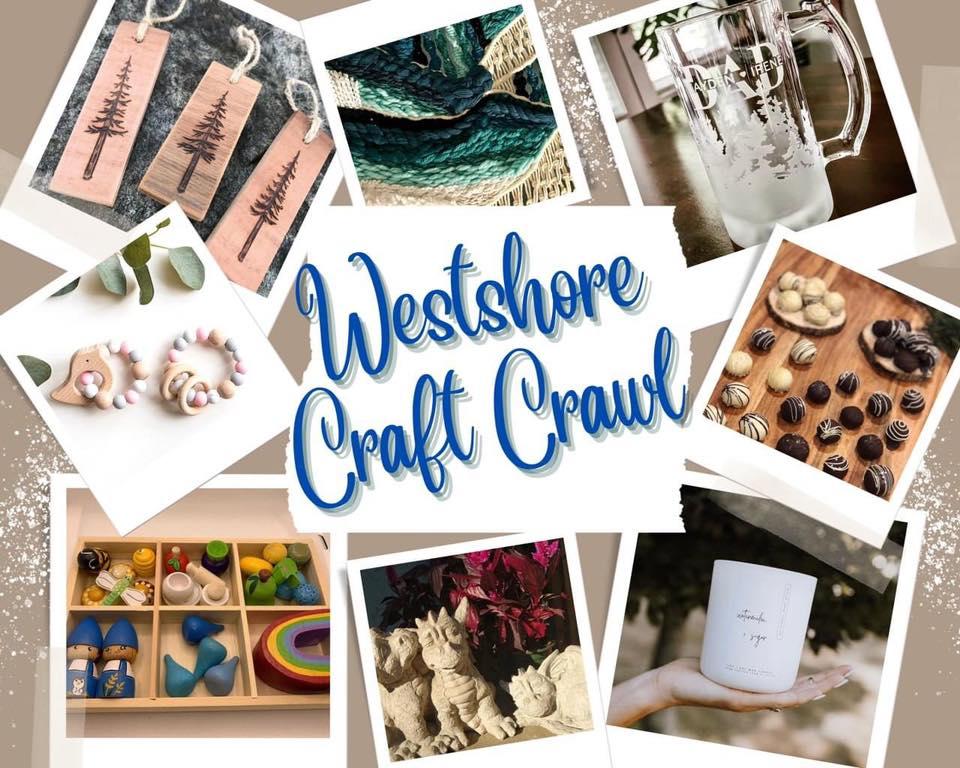 Collage of handmade crafts and treats for the Westshore Craft Crawl, featuring jewelry, knitted items, a glass mug, chocolates, toys, and candles.
