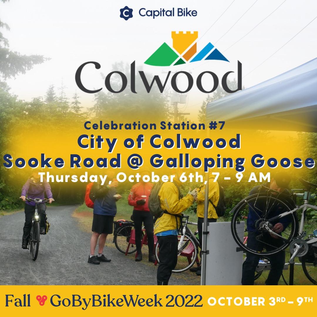 Capital Bike event poster for Go By Bike Week 2022, promoting a celebration station in Colwood on October 6th at Galloping Goose, featuring cyclists gathered at an outdoor station.