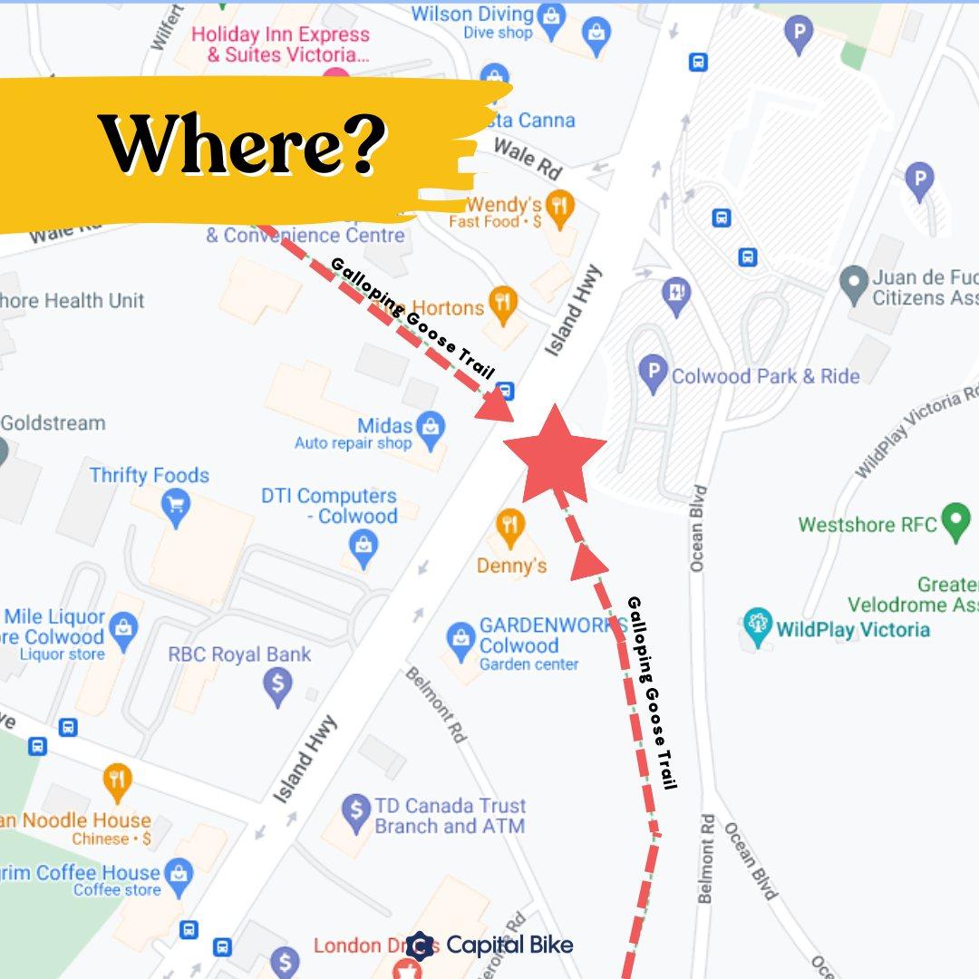 Map highlighting the location of the Capital Bike event on Galloping Goose Trail, near Denny's in Colwood.