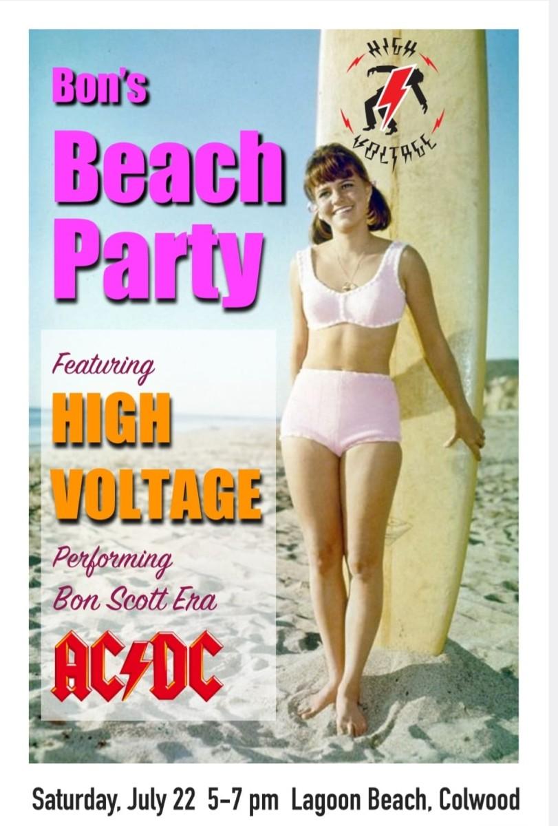 Bon's Beach Party poster featuring High Voltage performing AC/DC's Bon Scott era music on July 22nd at Lagoon Beach in Colwood, with an image of a woman holding a surfboard.