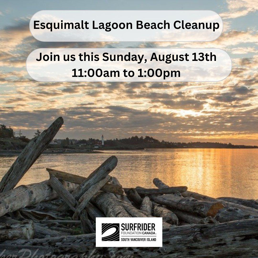 Esquimalt Lagoon Beach Cleanup event poster by Surfrider Foundation Canada, scheduled for August 13th from 11:00 AM to 1:00 PM, with an image of driftwood on the beach at sunset.