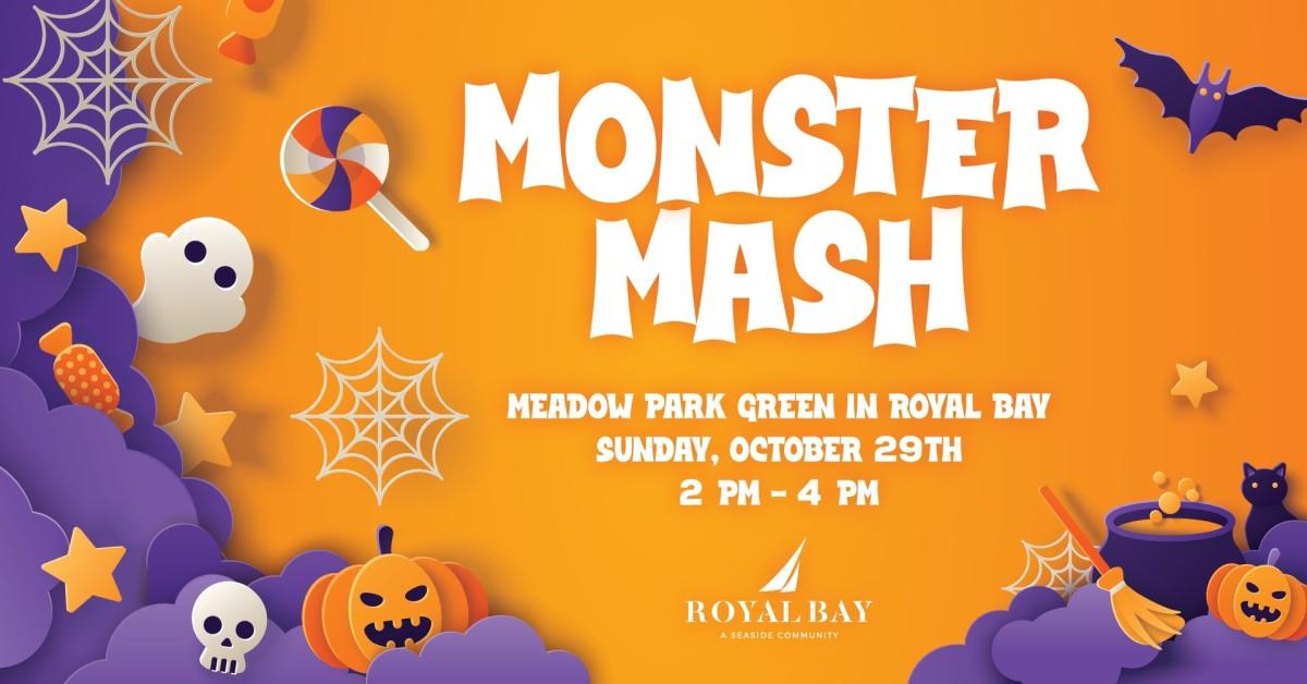 Monster Mash event poster for Meadow Park Green in Royal Bay on October 29th from 2 PM to 4 PM, featuring Halloween-themed graphics like pumpkins, ghosts, and candy.