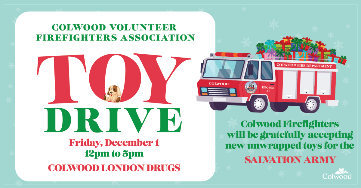 Poster for Colwood Volunteer Firefighters Association Toy Drive on December 1 at Colwood London Drugs, accepting new unwrapped toys for the Salvation Army.