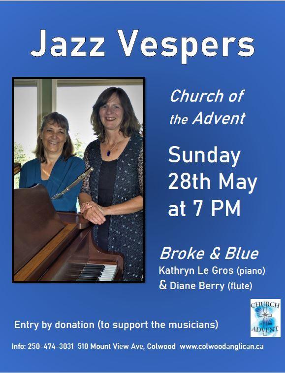 Jazz Vespers event poster for Church of the Advent featuring musicians Kathryn Le Gros and Diane Berry, with event details and a photo of the performers.