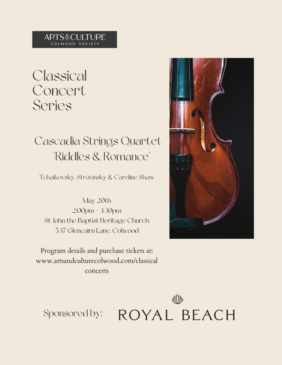 Flyer for Cascadia Strings Quartet concert on May 20 at St. John the Baptist Heritage Church.