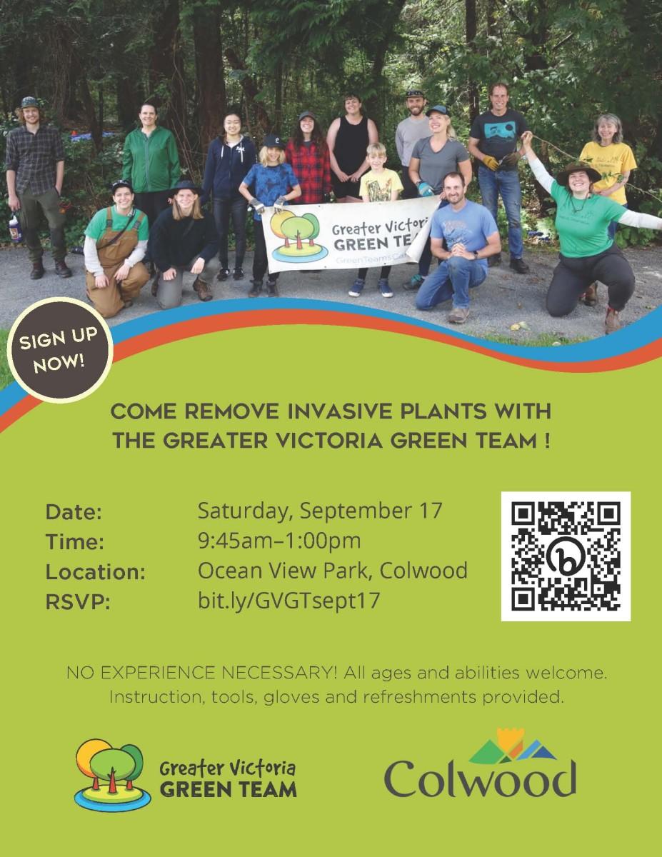 Flyer for an event by the Greater Victoria Green Team to remove invasive plants in Ocean View Park.