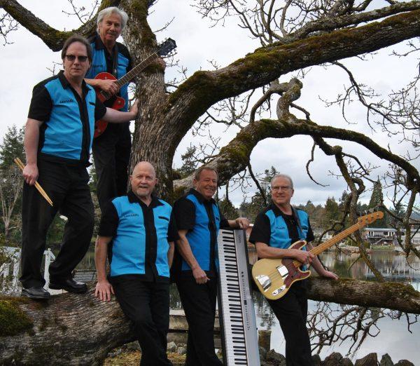 Band members wearing blue shirts posing on a tree with musical instruments.