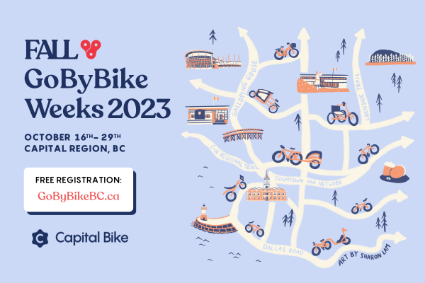Promotional graphic for Fall GoByBike Weeks 2023 from October 16-29 in Capital Region, BC, with a map and registration details at GoByBikeBC.ca.