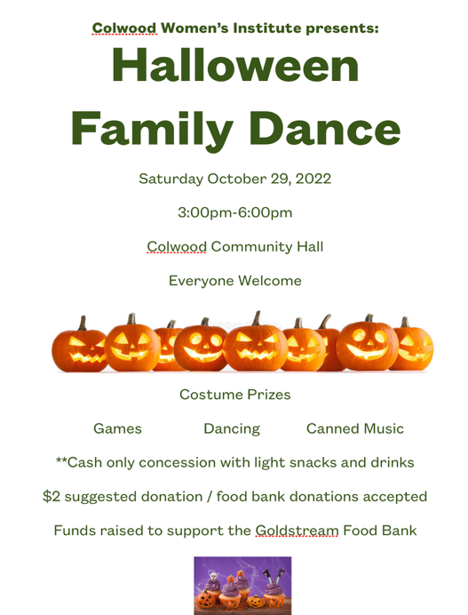 Halloween Family Dance flyer with jack-o'-lanterns and event details for October 29, 2022.