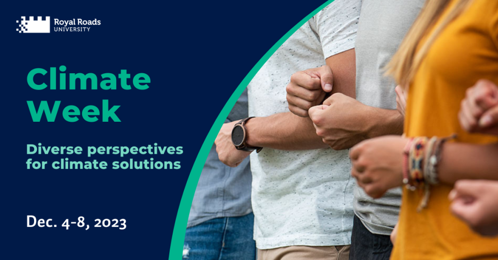 Royal Roads University Climate Week poster with people linking arms, promoting diverse perspectives for climate solutions from Dec. 4-8, 2023.