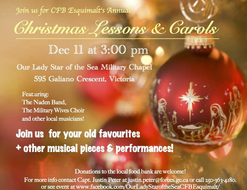 Christmas Lessons and Carols event poster for CFB Esquimalt, featuring a festive red ornament with nativity scene designs.
