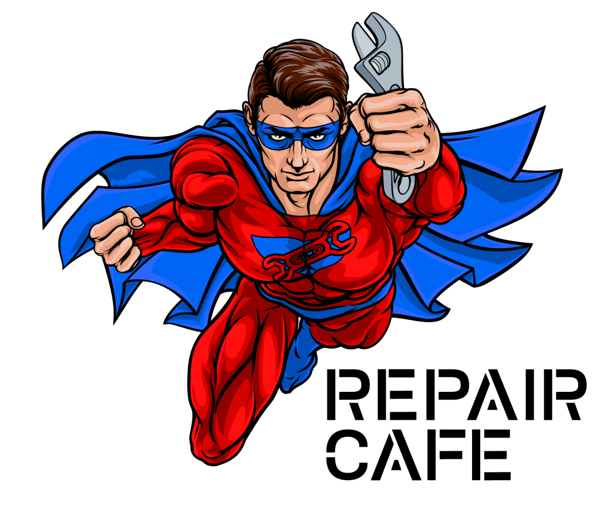 Cartoon superhero in a red and blue costume holding a wrench, flying.
