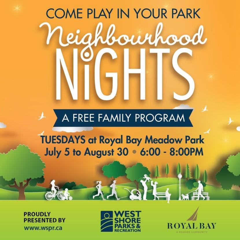 Neighbourhood Nights promotional flyer for a free family program at Royal Bay Meadow Park on Tuesdays from July 5 to August 30, 6:00 to 8:00 p.m.