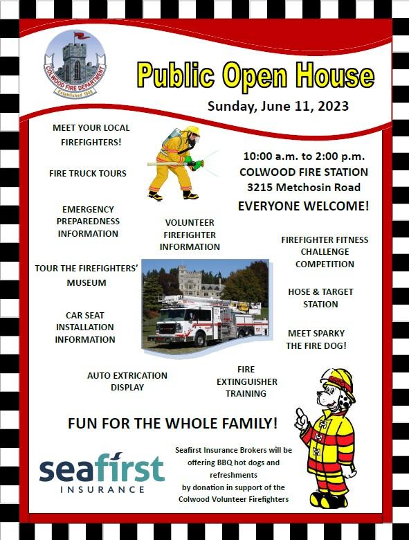 Flyer for the Colwood Fire Department Public Open House on June 11, 2023, from 10 a.m. to 2 p.m. at 3215 Metchosin Road, featuring various activities and information sessions.