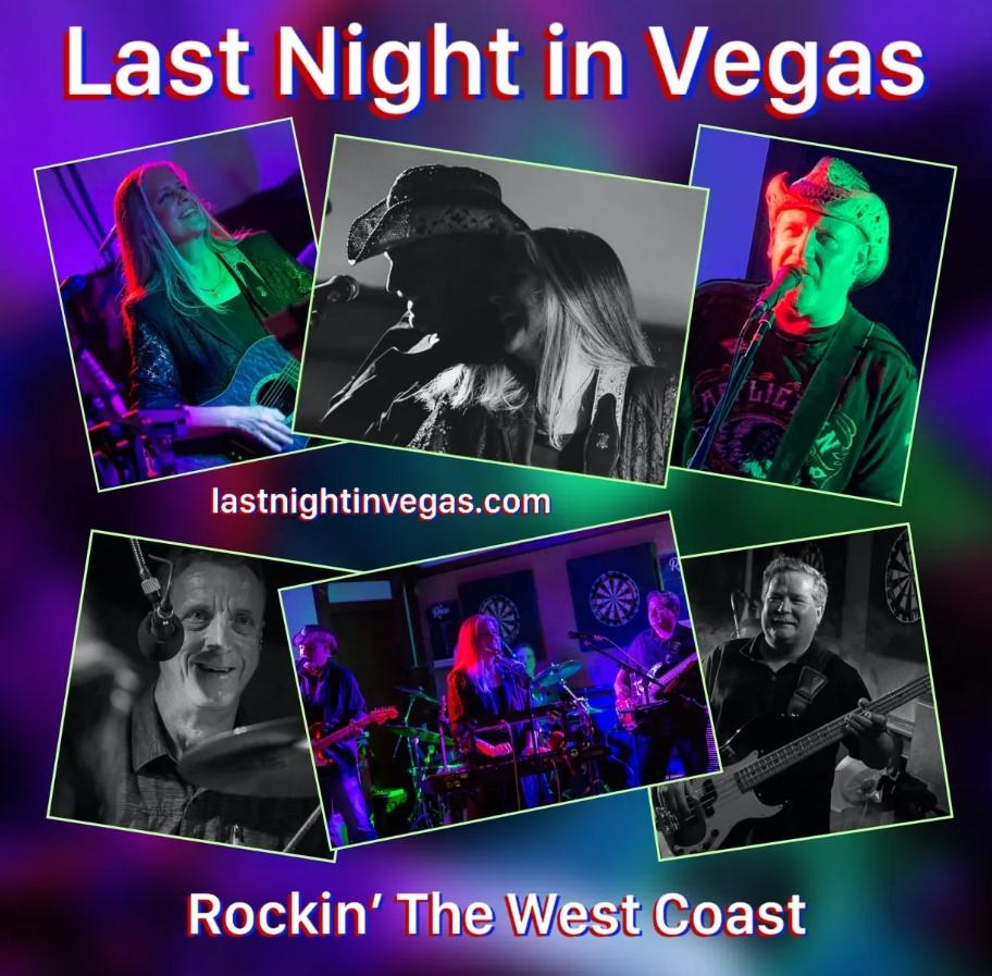 Collage of the band Last Night in Vegas performing, featuring members playing guitars, drums, and singing.