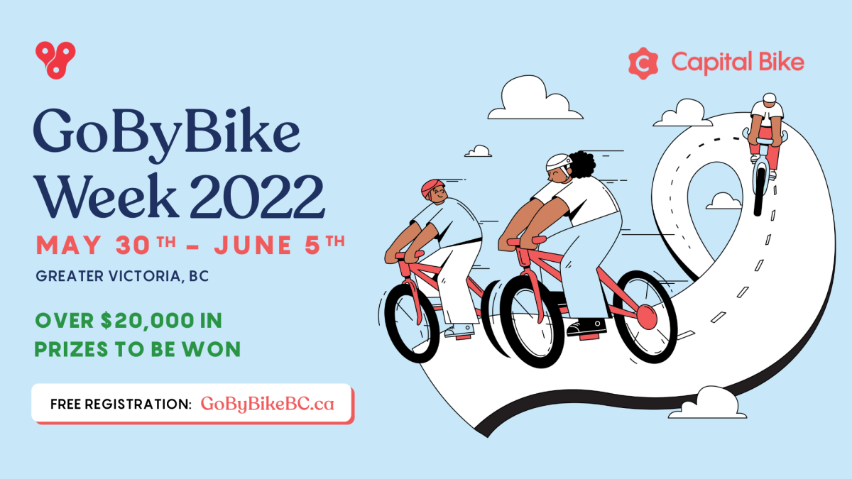 Poster for GoByBike Week 2022 from May 30th to June 5th in Greater Victoria, BC. The design features illustrations of people riding bikes on a winding path. The event offers over $20,000 in prizes.