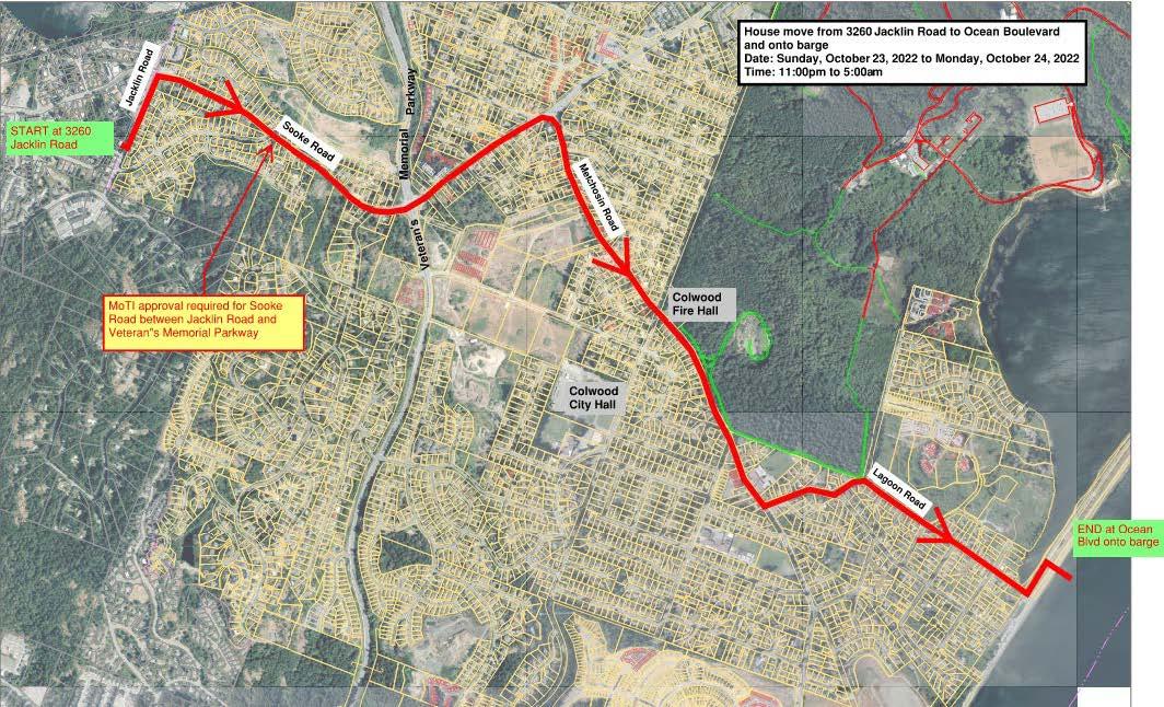 Map showing the route for a house move from 3260 Jacklin Road to Ocean Boulevard in Colwood, BC. The route is highlighted in red, passing through Jacklin Road, Sooke Road, Veterans Memorial Parkway, Metchosin Road, and Lagoon Road.