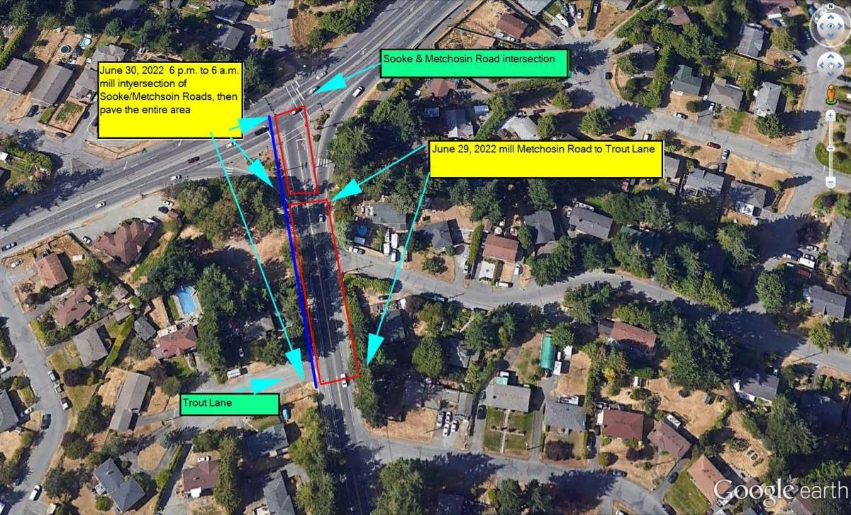 Aerial view map indicating the roadwork schedule at the intersection of Sooke and Metchosin Roads in Colwood, BC. The highlighted area shows the work zone marked with red and blue lines.