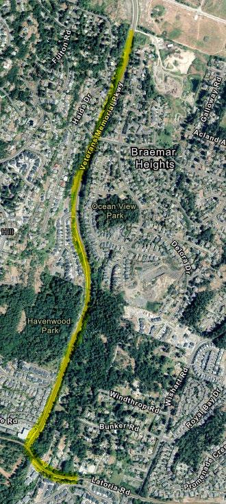 Aerial view map of the Veterans Memorial Parkway in Colwood, BC, highlighted in yellow. The map shows surrounding residential areas including Braemar Heights, Havenwood Park, Ocean View Park, Windthrop Road, Bunker Road, and Latoria Road.