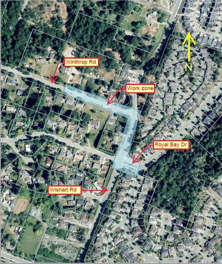 Aerial map highlighting a work zone along Wishart Road, Winthrop Road, and Royal Bay Drive. The work zone is shaded in blue and labeled with red arrows pointing to the streets involved.