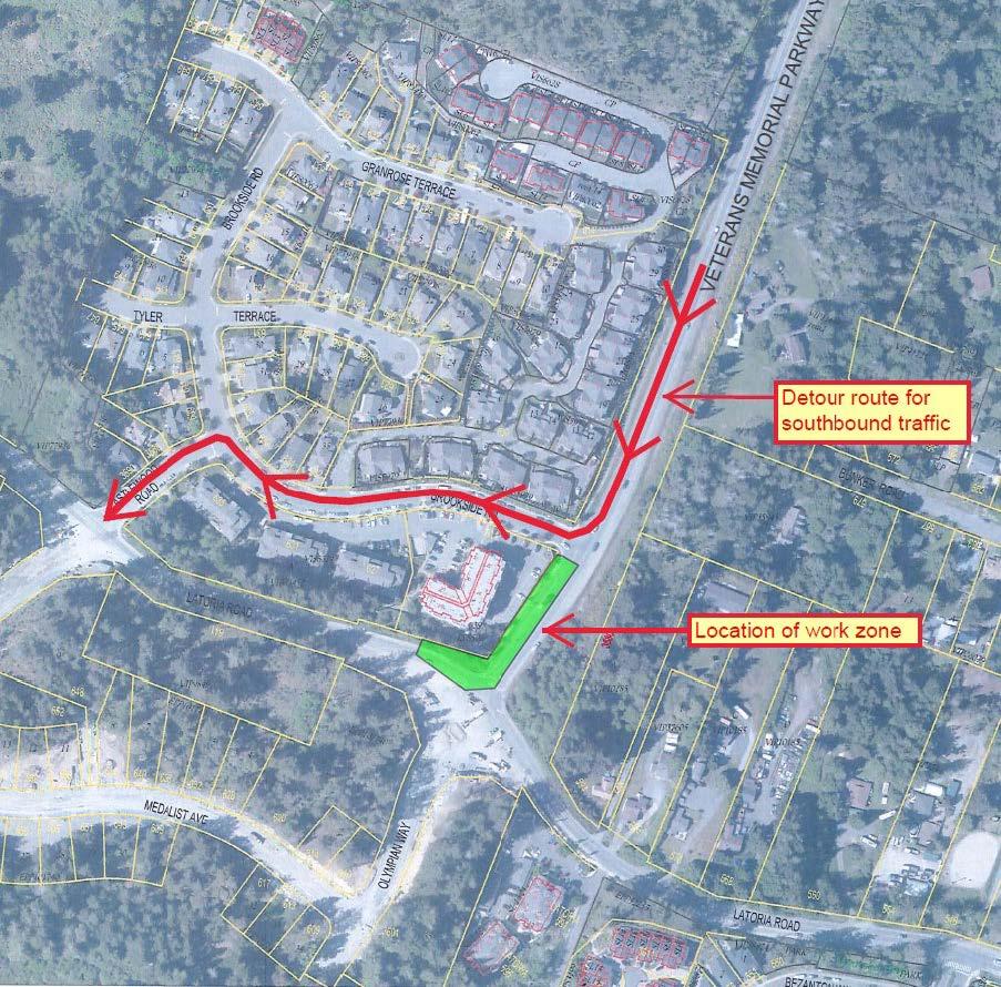 Aerial map highlighting a detour route for southbound traffic along Veterans Memorial Parkway. The detour is marked with red arrows, passing through neighborhoods on Kettle Creek Crescent, Brookside Road, and Latoria Road. The work zone is marked in green at the intersection of Veterans Memorial Parkway and Latoria Road.