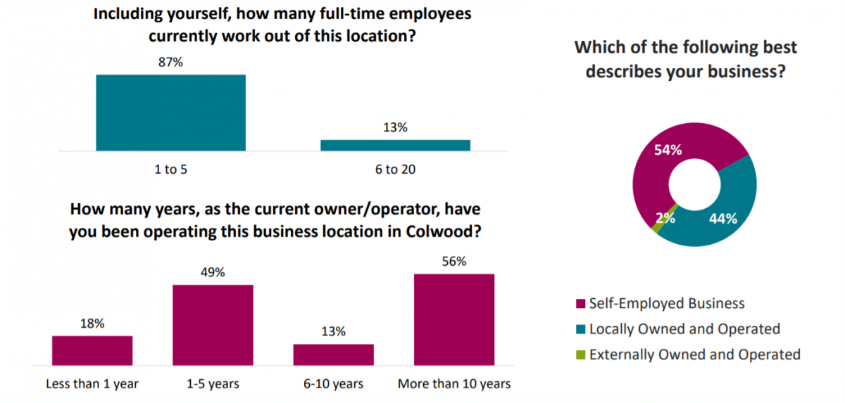 Survey results about business characteristics in Colwood, including employee numbers, years in operation, and business descriptions, with charts and percentages.