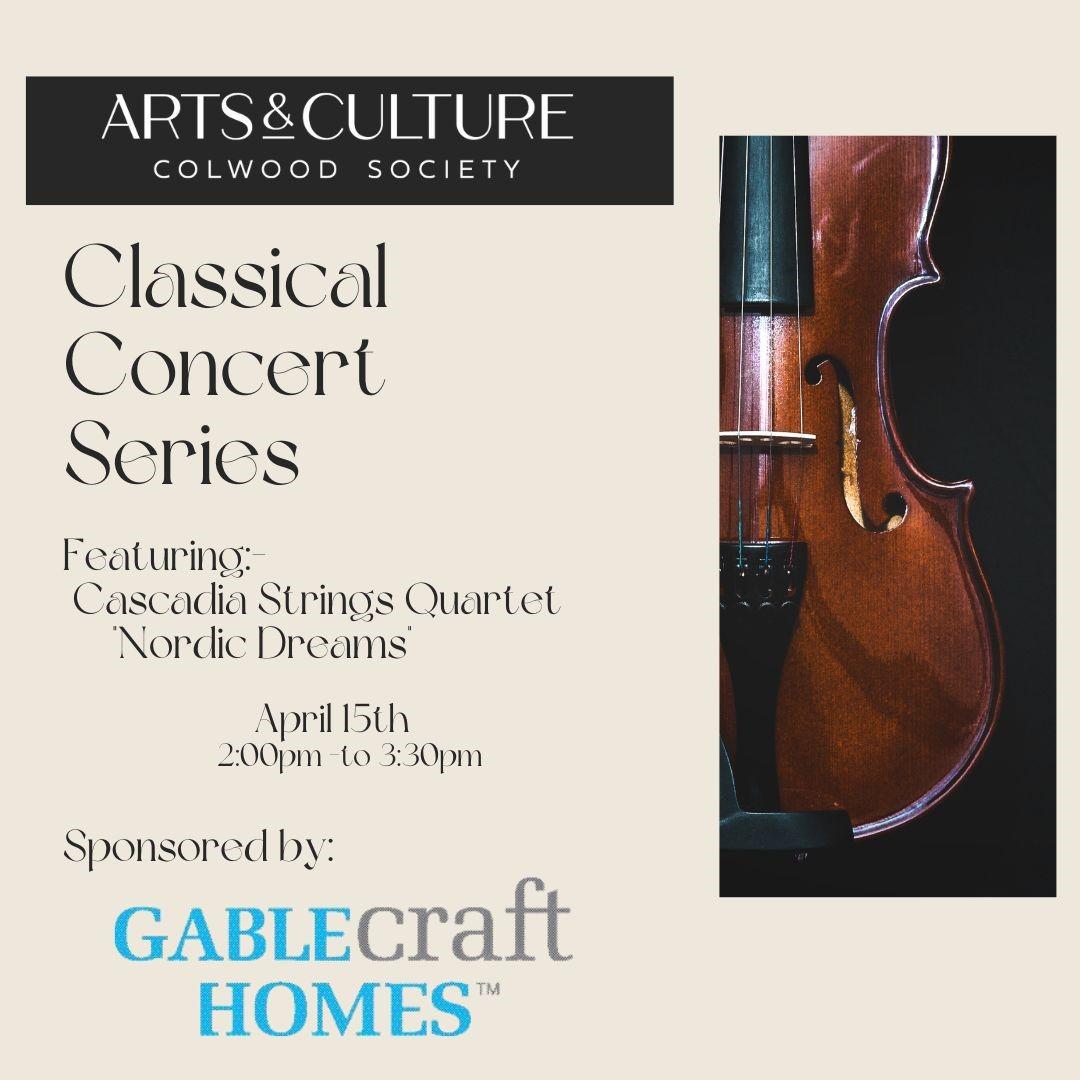 Flyer for Cascadia Strings Quartet concert on April 15 at St. John the Baptist Heritage Church.