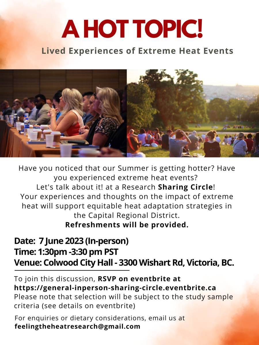 Flyer for an in-person event about extreme heat experiences on June 7th, 2023, at Colwood City Hall.