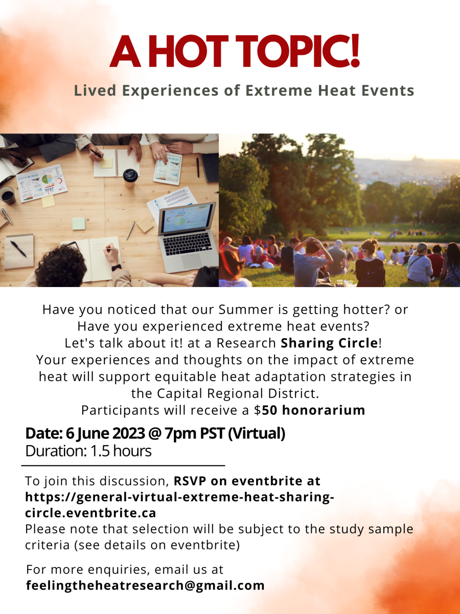 Flyer for a virtual event about extreme heat experiences on June 6th, 2023, with a $50 honorarium for participants.