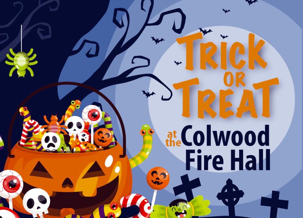 Trick or Treat at the Colwood Fire Hall event flyer with a pumpkin basket full of candy and spooky decorations.