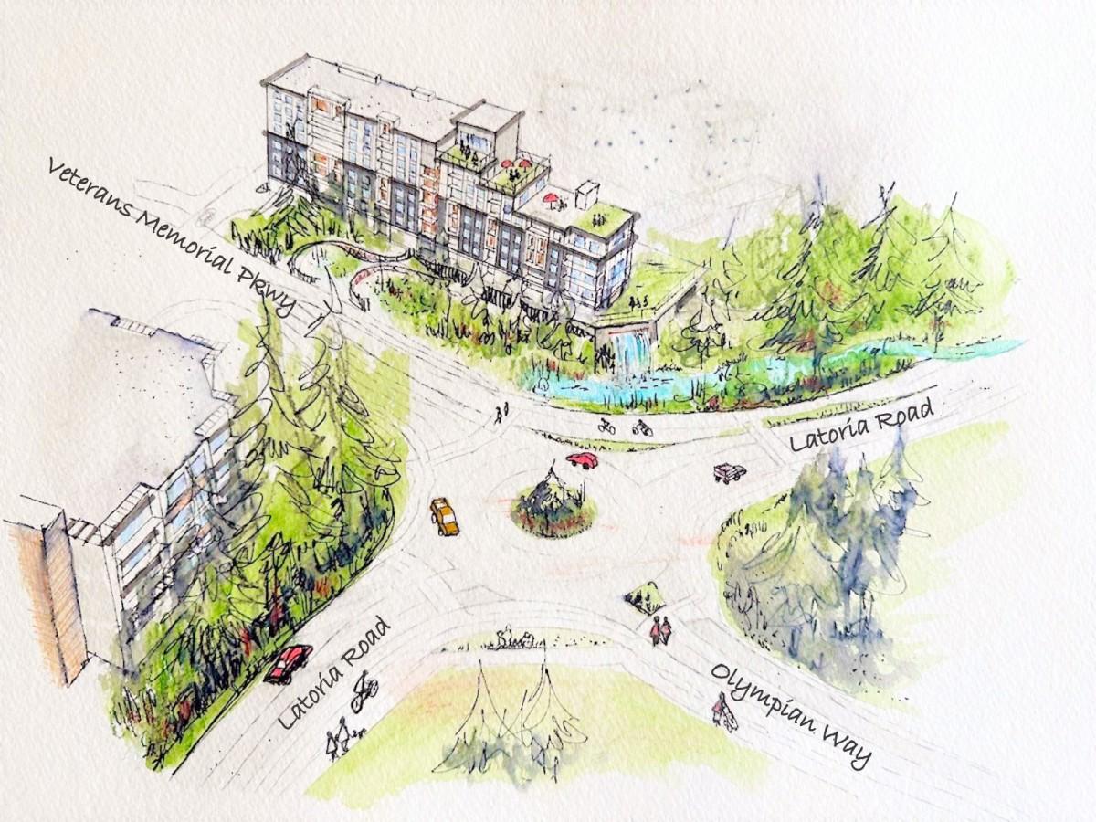 Hand-drawn map showing buildings and roads at the intersection of Veterans Memorial Parkway, Latoria Road, and Olympian Way.