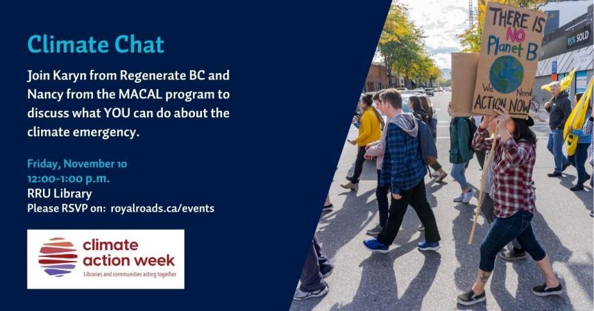 Advertisement for a "Climate Chat" event with Karyn and Nancy discussing climate emergency actions, featuring an image of people marching with protest signs.
