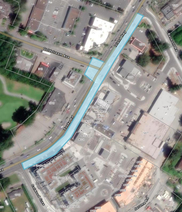 Aerial map highlighting the area along Island Highway, Goldstream Avenue, and Sooke Road. The highlighted region is marked in blue, indicating a specific zone for development or construction.