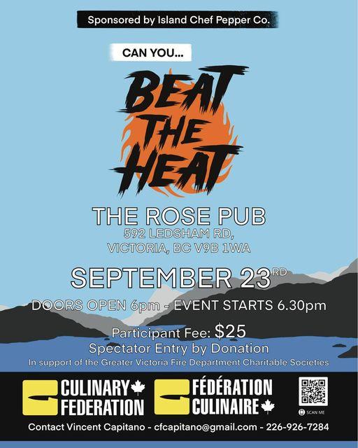 Poster for the "Beat the Heat" event sponsored by Island Chef Pepper Co. at The Rose Pub, 592 Ledsham Rd, Victoria, BC V9B 1W1, on September 23rd.